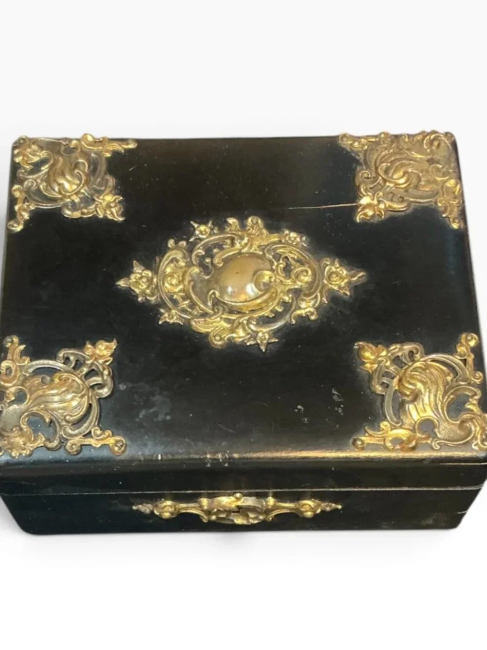 Antique C1900 Jewelry Casket Box Black Wood Brass Ormolu Red Satin Interior